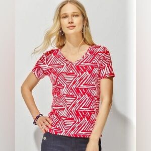 CHICO’S NWT 4 / XXL Geo Etching Becky Button-Trim Tee in Red Hot • Abstract